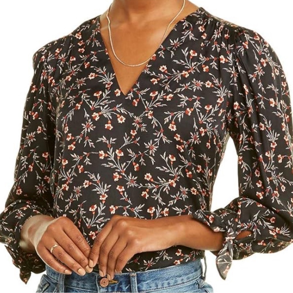 Rebecca Taylor Silk Blend Lia V-neck Top Blouse Size 0 Black Long Tie Sleeves - Picture 2 of 11